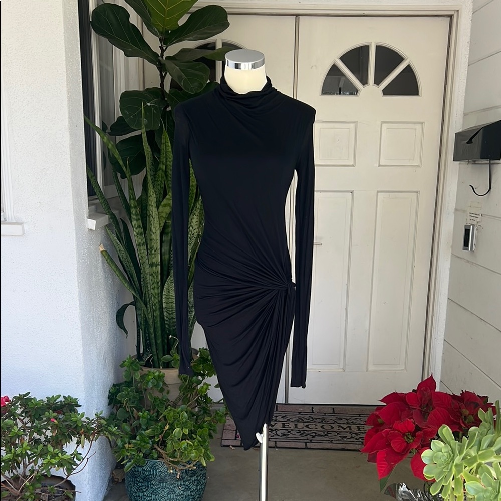 Helmut Lang Elegant Black Long Sleeve Twisted Dress